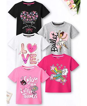 Trampoline Cotton Blend Knit Pack Of 5 Half Sleeves Heart Floral Star & Typography Printed Tees - Multi Colour