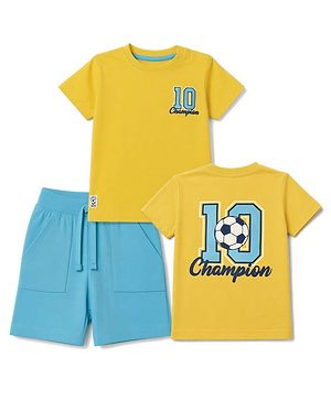 Babyhug 100% Cotton Single Jersey Knit Half Sleeves T-Shirt & Shorts With Champion Print - Yellow