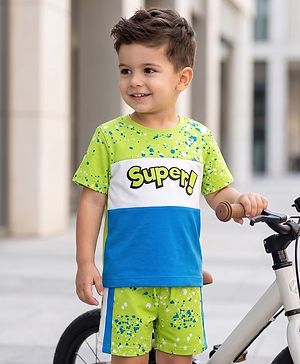 Babyhug 100% Cotton Knit Half Sleeves Text Printed T-Shirt & Shorts Set - Lime Green & Light Blue