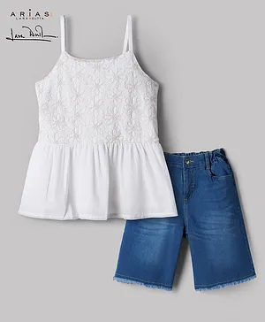 Arias Cotton Ealastane Woven Top
                              & Denim Shorts Set with Floral
                              Embroidery - White