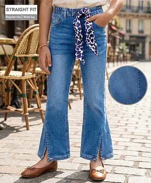 Arias By Lara Dutta Cotton Woven
                              Denim Full Length Wide Leg Jeans With
                              Scarf At Loop - Blue