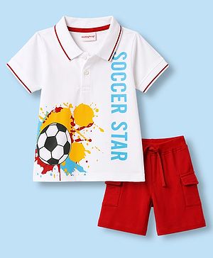 Babyhug 100% Cotton Single Jersey Knit Half Sleeves Polo T-Shirt & Shorts With Soccer Print - White & Red
