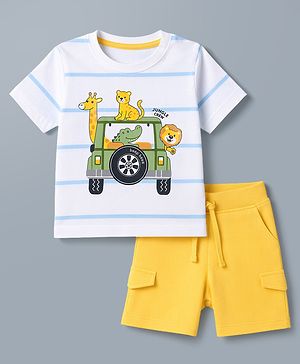 Babyhug 100% Cotton Knit Half Sleeves Animals Printed & Striped T-Shirt & Shorts Set - White & Yellow
