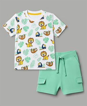 Babyhug Single Jersey Knit Half Sleeves T-Shirt & Shorts Set Animal Print - Green