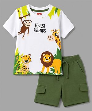 Babyhug 100% Cotton Single Jersey Knit Half Sleeves T-Shirt & Shorts With Animal Print - White