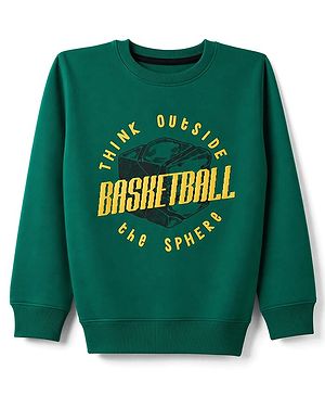 Pine Kids Cotton Knit Sweatshirt with Full Sleeves and Basketball Text Print - Green