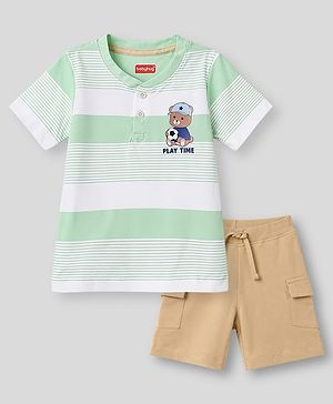 Babyhug 100% Cotton Single Jersey Knit Half Sleeves Striped Henley Neck T-Shirt & Shorts Set With Teddy Print - Multicolor