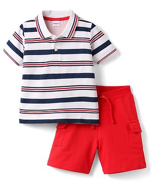 Babyhug Single Jersey Knit Half Sleeves Striped Polo T-Shirt & Shorts Set - Multicolor