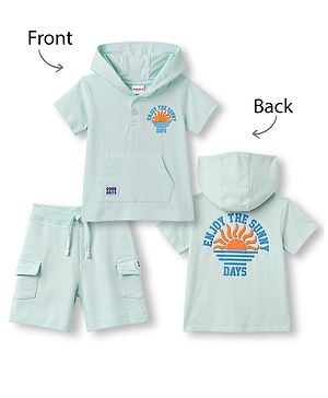 Babyhug 100% Cotton Terry Knit Half Sleeves Hooded T-Shirt & Shorts Set With Front & Back Tropical Print - Multicolor