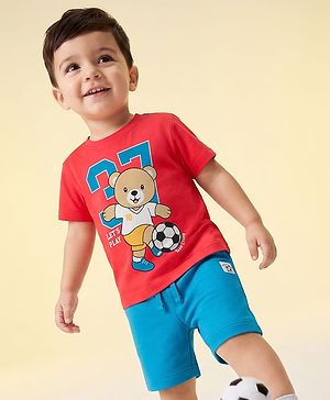 Babyhug 100% Cotton Knit Half Sleeves Bear Printed T-Shirt & Shorts Set With Patch - Red & Blue