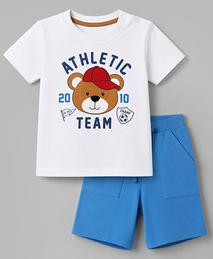 Babyhug Single Jersey Knit Half Sleeves T-Shirt & Shorts Set Teddy Print - White & Blue