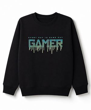 Pine Kids Cotton Knit Sweatshirt with Full Sleeves and Gamer Text Print - Black