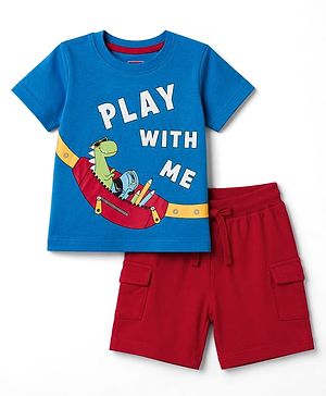 Babyhug 100% Cotton Single Jersey Knit Half Sleeves T-Shirt & Shorts With Dino & Text Print - Blue