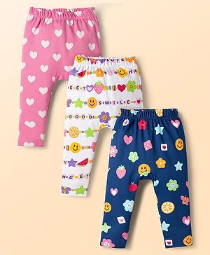 Babyhug Cotton Knit Full Length Diaper Leggings with Fruit & Heart Print Pack of 3 - Multicolor