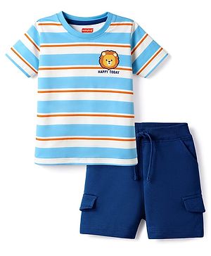 Babyhug 100% Cotton Single Jersey Knit Half Sleeves Striped T-Shirt & Shorts Set with Lion Print - Multicolor