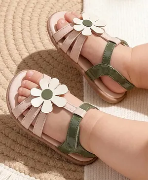 Toothless Floral Applique Detailed Velcro
                      Closure Sandals - Beige & Green