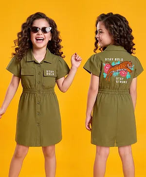 OLLINGTON ST. Cotton Woven Half
                                  Sleeve One Piece Frock Dress With
                                  Tiger Print- Olive Green