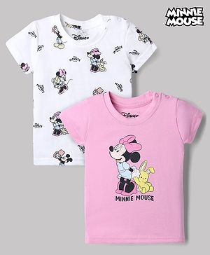 Babyhug Disney 100% Cotton Single Jersey Knit Half Sleeves Tshirts With Minnie Mouse Print Pack Of 2 - Pink & White