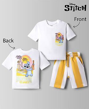 Bonfino Disney Single Jersey Knit Half Sleeves T-Shirt & Striped Shorts Night Suit With Lilo & Stitch Graphic - White