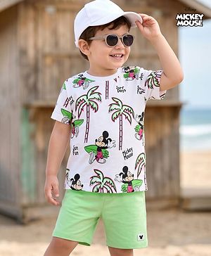Babyhug Disney 100% Cotton Knit Half Sleeves T-Shirt & Shorts Set With Mickey Mouse Graphics - Light Green