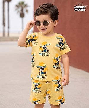 Babyhug Disney 100% Cotton Knit Half Sleeves Co-Ords T-Shirt & Shorts Set With Mickey Mouse Graphic & Beach Theme Print - Yellow