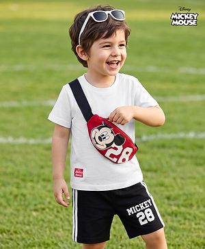 Babyhug Disney 100% Cotton Knit Half Sleeves T-Shirt & Shorts Set With Mickey Mouse Graphic & Bag Applique - White