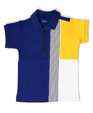 nuberry Cotton Woven Half Sleeves Colour Blocked Striped Polo Tee - Navy Blue