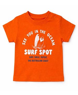 nuberry Cotton Woven Half Sleeves Surf Spot Text Printed Tee - Orange