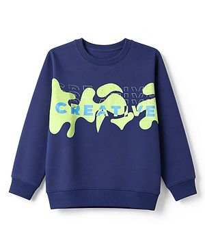 Pine Kids Cotton Knit Sweatshirt With Full Sleeves and Creative Text Print - Navy Blue