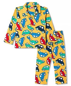 Babyhug 100% Cotton Knit Full Sleeves Shirt & Pyjama Night Suit with Cars Print - Yellow