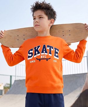 Pine Kids Cotton Knit Sweatshirt with Full Sleeves and Skate Text Print - Orange