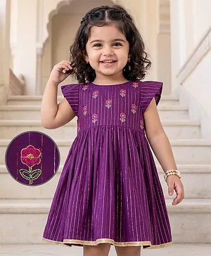 EARTHY TOUCH Cotton Woven Cap Sleeves
                              Striped Ethnic Dress with Floral
                              Embroidery - Purple