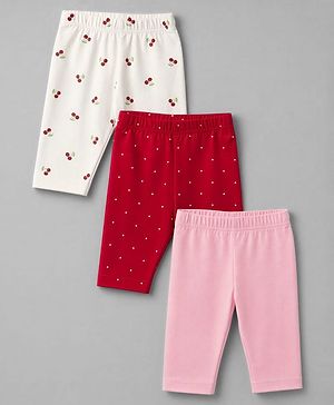 Babyhug Cotton Knit Three Fourth Leggings With Polka Dot & Berry Print Pack of 3 - Red White & Pink
