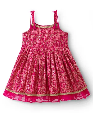 EARTHY TOUCH Cotton Woven
                                  Sleeveless Ethnic Dress with Foil
                                  Floral Print - Dark Pink