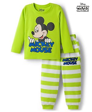 Babyhug Disney Single Jersey Knit Full Sleeves Pyjama Night Suit with Mickey Mouse Graphics - Limegreen