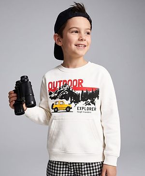Pine Kids Cotton Mix Knit Sweatshirt with Full Sleeves and Outdoor Explorer Print in White