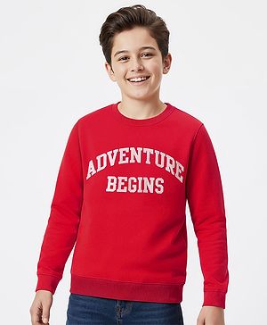 Pine Kids Knit Full Sleeves Sweatshirt with Text Print - Red