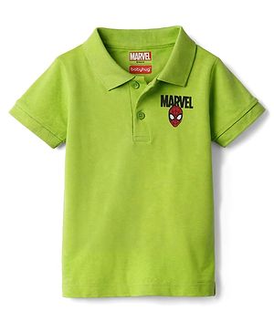 Babyhug Marvel Cotton Knit Half Sleeves Polo T-Shirt With Spider Man Print - Green