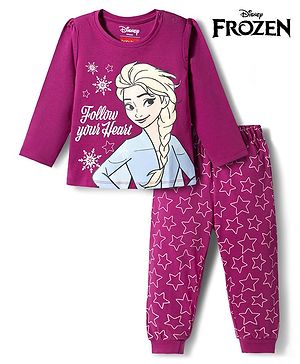 Babyhug Disney Single Jersey Knit Full Sleeves T-Shirt & Pyjama Night Suit with Elsa Graphics - Purple