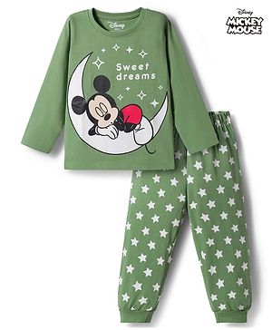Babyhug Disney Single Jersey Knit Full Sleeves T-Shirt & Pyjama Night Suit with Mickey Mouse Graphics - Green