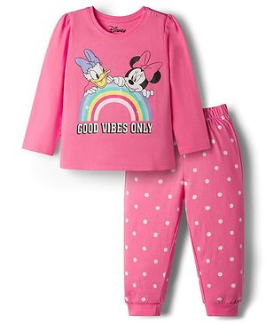 Babyhug Disney Single Jersey Knit Full Sleeves T-Shirt & Pyjama Night-Suit With Minnie Mouse Graphics - Pink