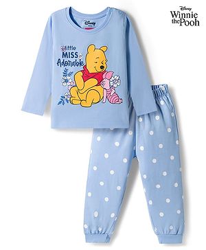 Babyhug Single Jersey Knit Full Sleeves T-Shirt & Pyjama Night Suit With Polka Dots & Winnie The Pooh Graphics - Blue