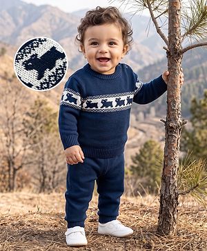 Babyhug Knit Full Sleeves Sweater Set With Animal Design - Navy Blue