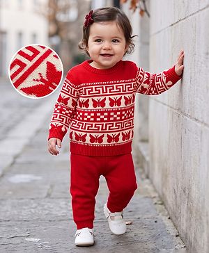 Babyhug Knit Full Sleeves Sweater Set With Butterfly Design - White & Red