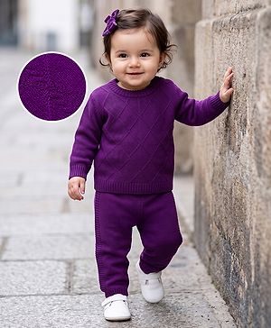Babyhug Full Sleeves Sweater Set With Chevron Knitting Design - Purple