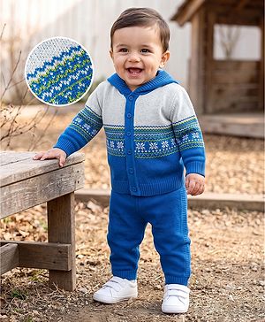 Babyhug Knit Full Sleeves Striped Hooded Sweater Set with Floral Design - Blue