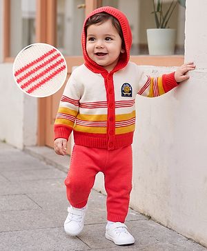 Babyhug Knit Full Sleeves Striped Sweater Set with Hood - Red