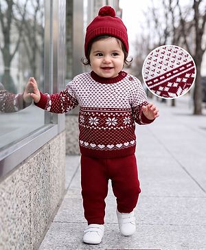 Babyhug Knit Full Sleeves Floral Designed Sweater Set with Cap - Wine