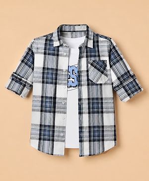 Pine Kids 100% Cotton Woven Half Sleeves Checked Shirt and T-Shirt with Blessed Text Print in Blue