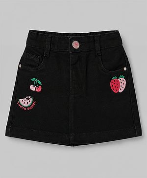 Babyhug Denim Mid Thigh Tropical Theme Embroidered Skirt With Stretch - Black